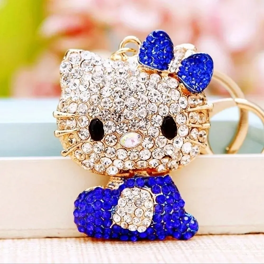 Hello Kitty Rhinestone Keychain Sapphire Blue and Gold Tone